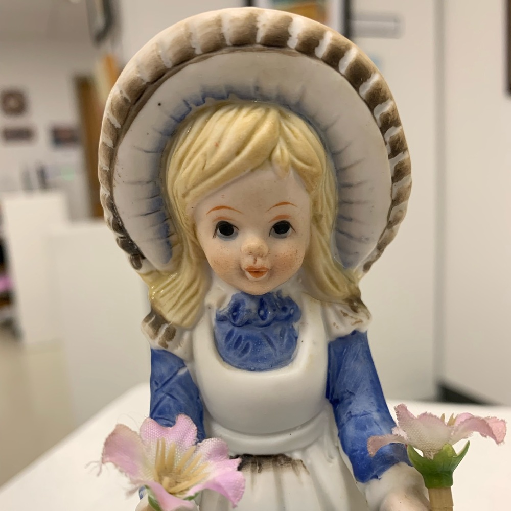 Vintage Country Girl with Hat pin cushion and spool of thread Ceramic figurine
